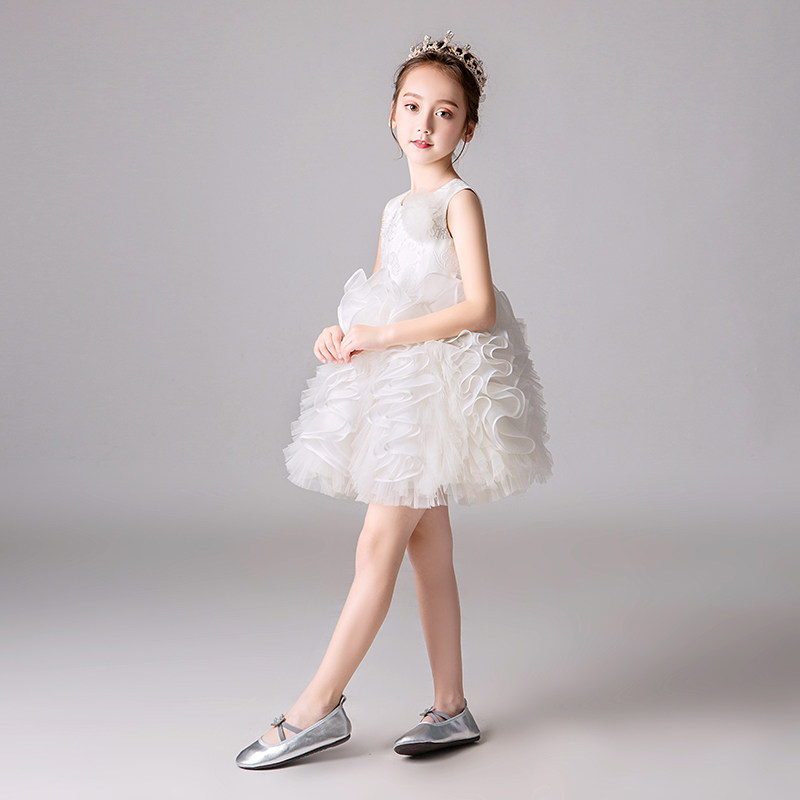 女童高端礼服洋气蓬蓬公主裙白色短款钢琴演奏表演走秀主持生日
