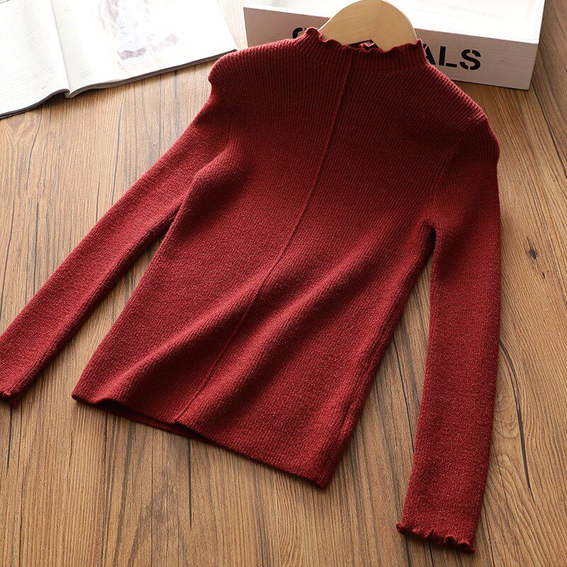 女童洋气波浪领水晶纱加厚毛衣中大儿童保暖百搭针织打底衫深秋冬