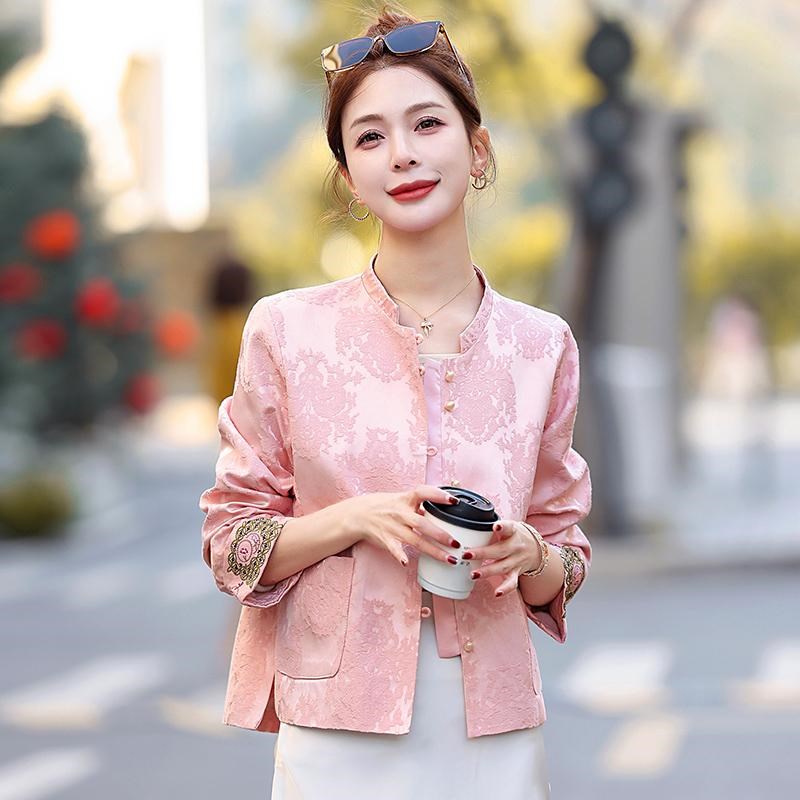 粉色新中式国风女装外套女款春秋2025新款开春穿搭短款宋锦上衣女