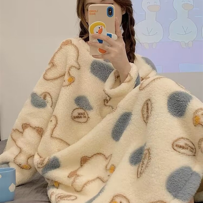 珊瑚绒睡裙女冬季加绒加厚卡通学生宽松长款大码法兰绒睡衣家居服