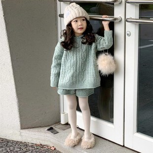 韩国童装2024秋冬新款浅绿色针织加厚套装女童麻花纹连帽毛衣短裤