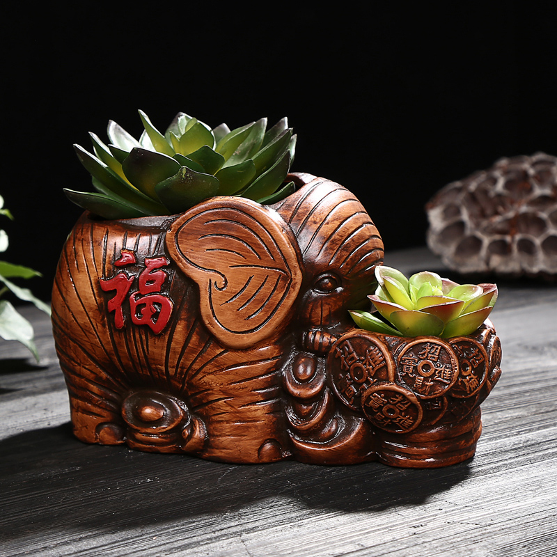 陶瓷大象花盆个性创意连体双筒复古双口大中小室内盆栽盆景专用盆