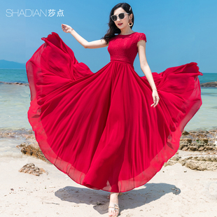 雪纺大摆连衣裙波西米亚加长款 沙滩裙红色蕾丝长裙海边度假沙滩裙