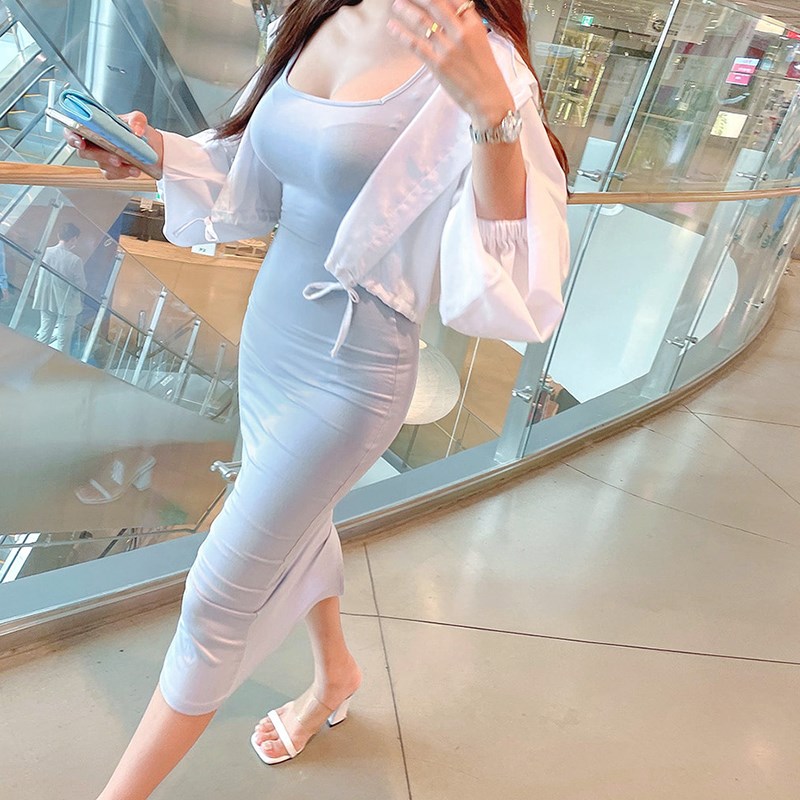 气质方领无袖蓝色连衣裙女开叉吊带修身显瘦性感包臀中长裙子夏装