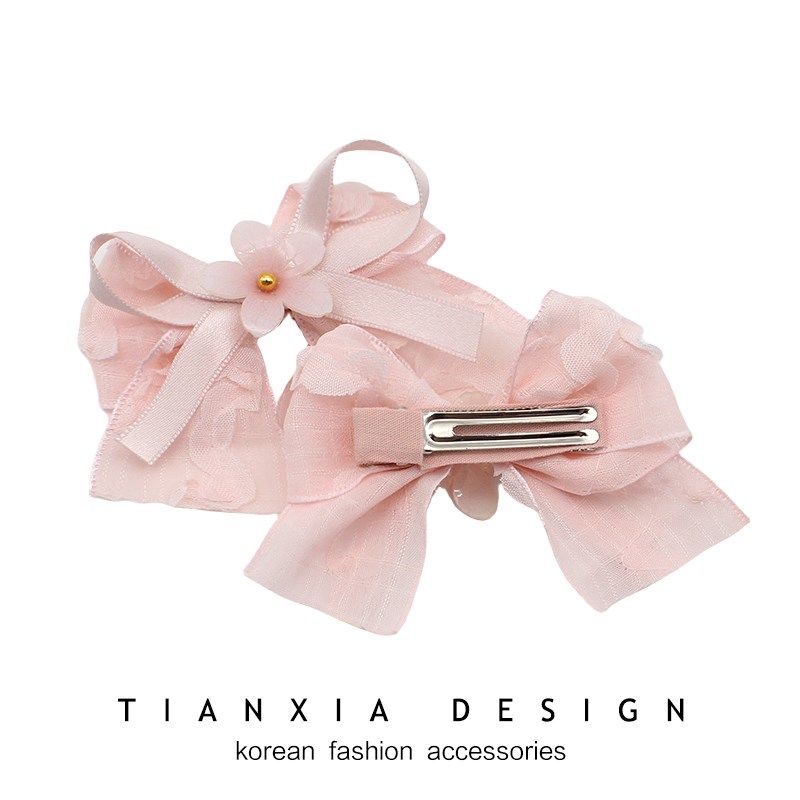 韩国儿童樱花粉蝴蝶结花朵发夹女童长飘带后脑勺发卡侧边丸子发饰