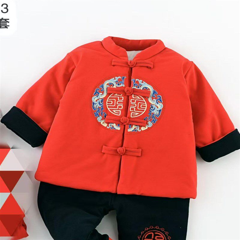婴儿衣服中国风红色保暖棉服夹棉套装男女宝宝纯棉分体棉衣