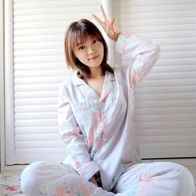 国色长袖薄款纯棉睡衣女士春秋夏季纯棉双层棉纱布家居服套装大花
