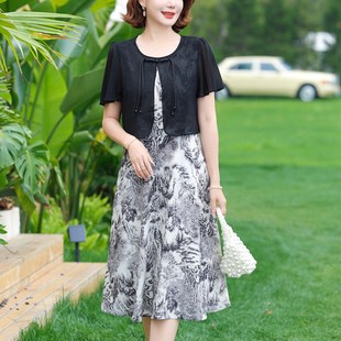 假两件套打底裙 裙子中老年女士短袖 妈妈夏装 连衣裙气质雪纺新中式