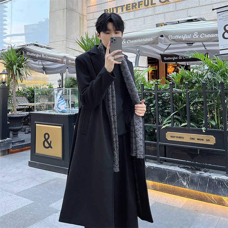 秋冬季中长款过膝风衣男款韩版宽松加厚毛呢大衣男士加厚呢子外套