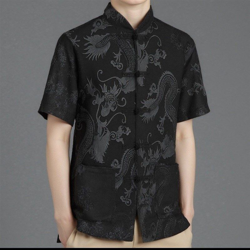 夏季冰丝唐装男中老年人短袖衬衫休闲爷爷夏装汉服爸爸舒适套装,男装,中山装,淘宝优惠券,粉丝福利购,淘宝优惠卷