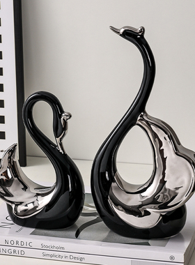 意式极简黑天鹅摆件一对北欧轻奢家居酒柜电视墙上V置物架小装饰