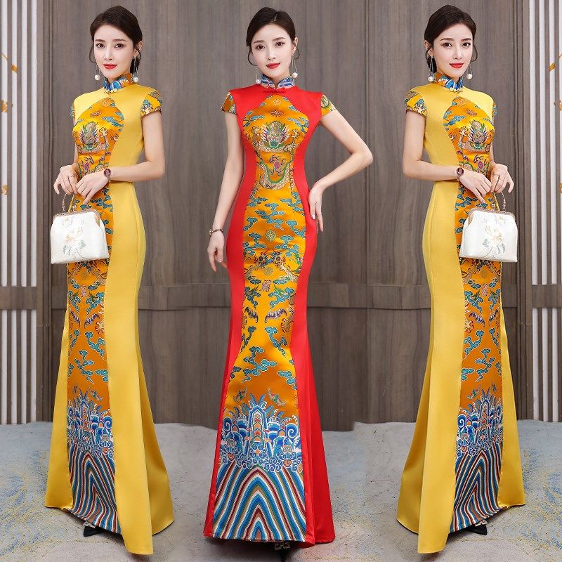 中国风改良旗袍连衣裙年会主持舞台演出服L装拖地裙晚礼服长裙显