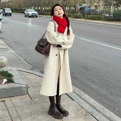 秋冬新款小个子女毛呢外套米白色宽松韩风显瘦中长款呢子大衣