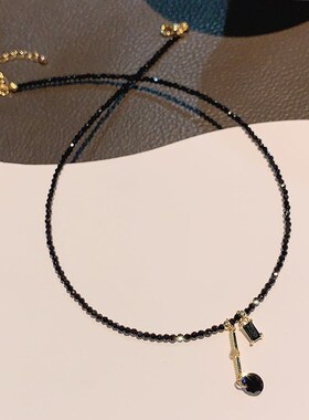 日韩天然水晶流苏颈链气质法式黑晶石项链小众设计感串珠锁骨链女