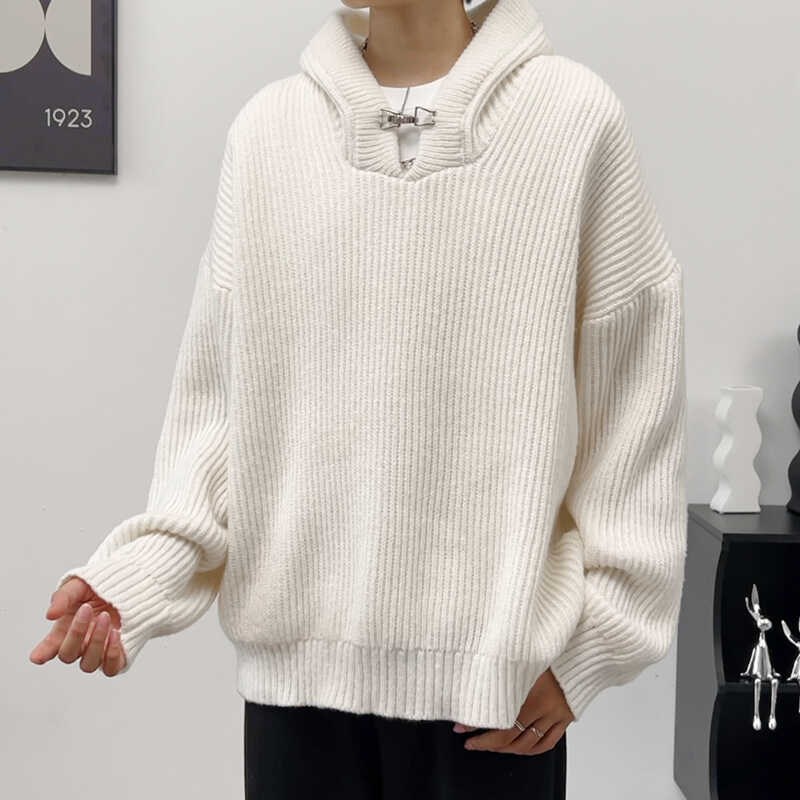 小众设计感重磅连帽针织衫毛衣男女纯色时尚休闲宽松V领卫衣外套