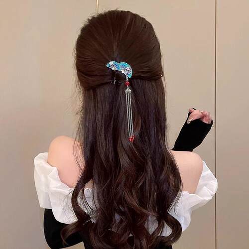 含蓄古风扇子款流苏倒插夹梳国风步摇发簪汉服发梳女发卡盘发头饰