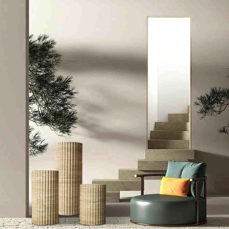 侘寂风天然米白洞罗马圆柱客厅玄关桌脚样板间酒店雕塑展示台摆件