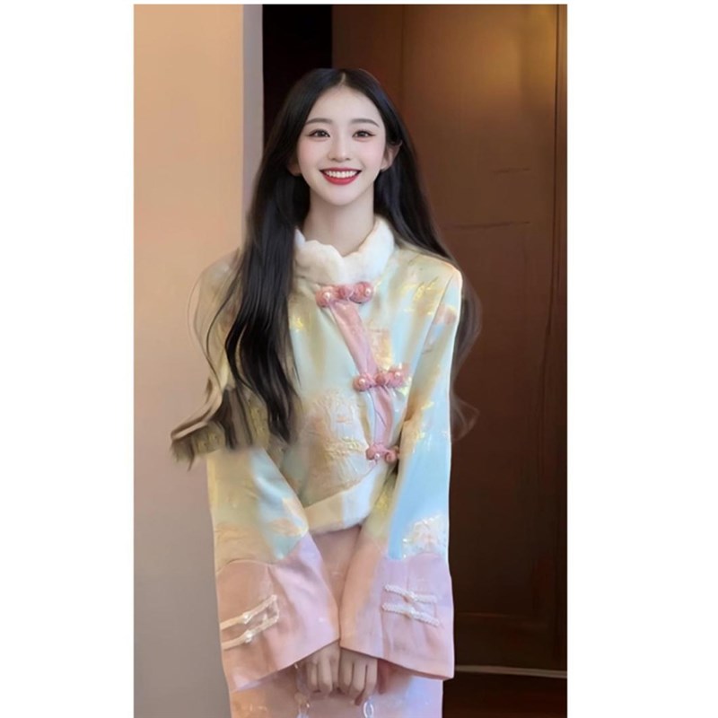 大码胖mm新中式气质高级国风套装春秋新款时尚盘扣外套半裙两件套