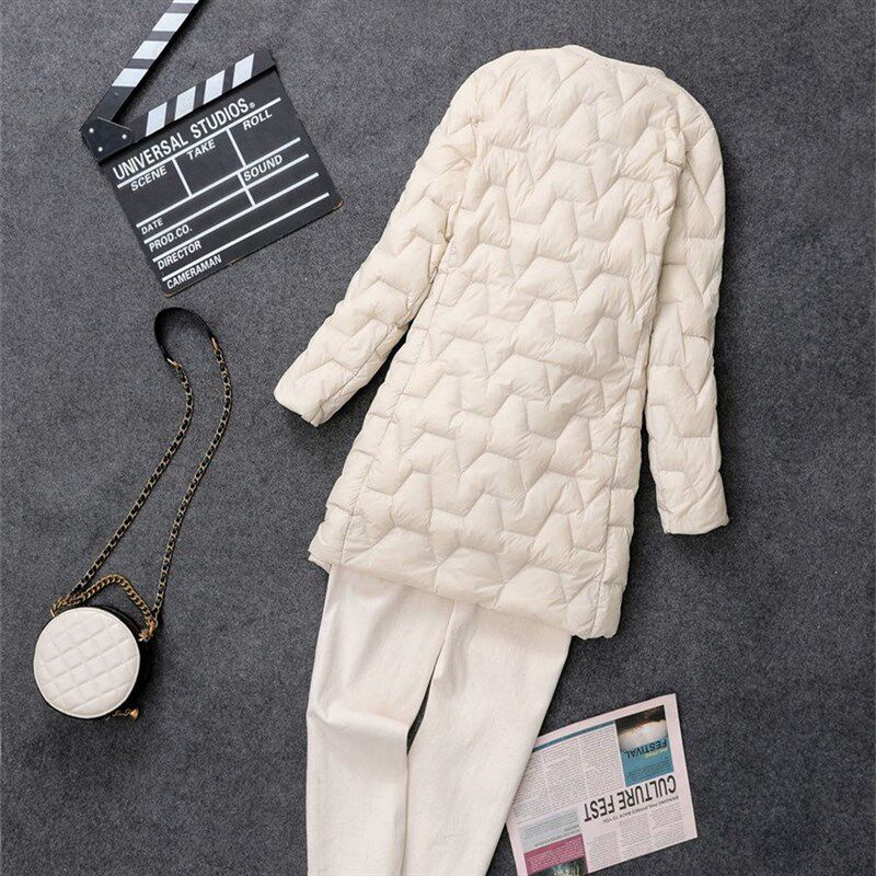 冬轻薄羽绒服女无领中长款圆领内胆内外穿修身妈妈装中老年人大码