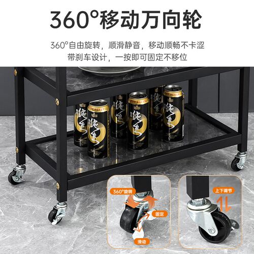 不锈钢三层火锅菜架车酒店餐桌推车国风轻奢岩板系列置物架餐车