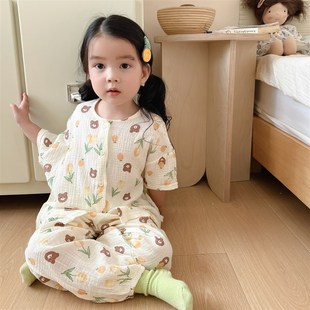 韩国宝宝满印紫色爱心休闲睡衣套装男女童全棉卡通纱布短袖家居服