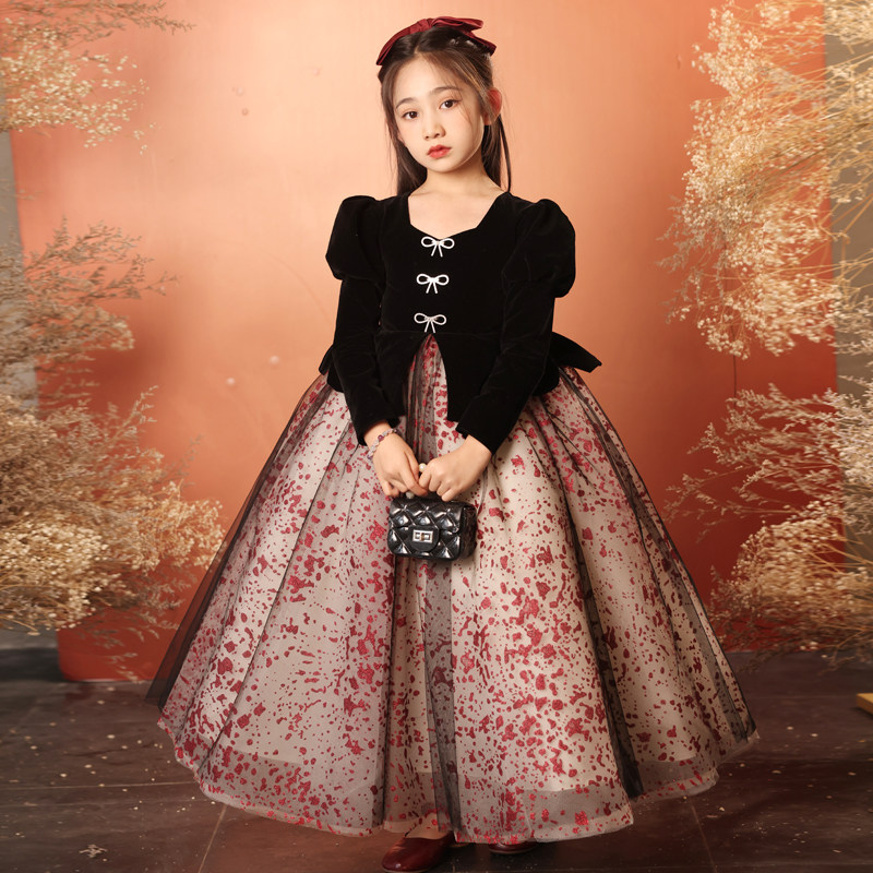 女童礼服轻奢小众高端秋冬加绒女孩钢琴演奏儿童主持人黑色公主裙