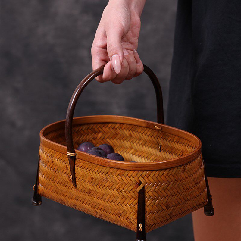 手工竹编大漆提篮桌面复古茶具收纳筐中式家用水果篮可携式手提竹