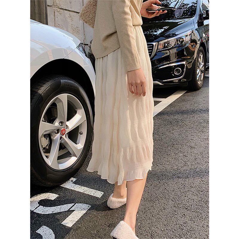 白色仙女褶皱半身裙女春秋配卫衣小个子温柔甜美学院风A字纱纱裙