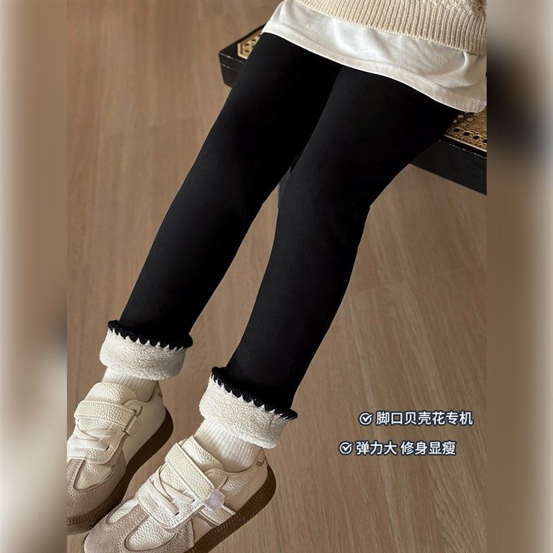 NORNOR女童加绒打底裤2024秋冬新款儿童一体绒加厚黑色外穿裤子