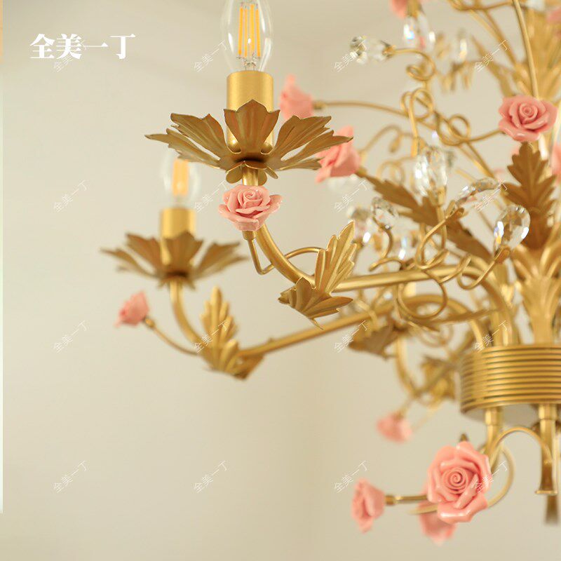 全美一丁法式复古陶瓷玫瑰花朵吊灯客厅卧室蜡烛水晶餐厅创意灯具