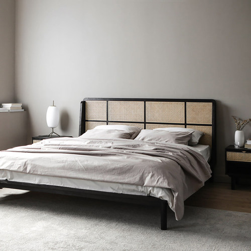 藤编匠师北欧实木藤床双人床侘寂风主卧简约白蜡木民宿家俱藤编床