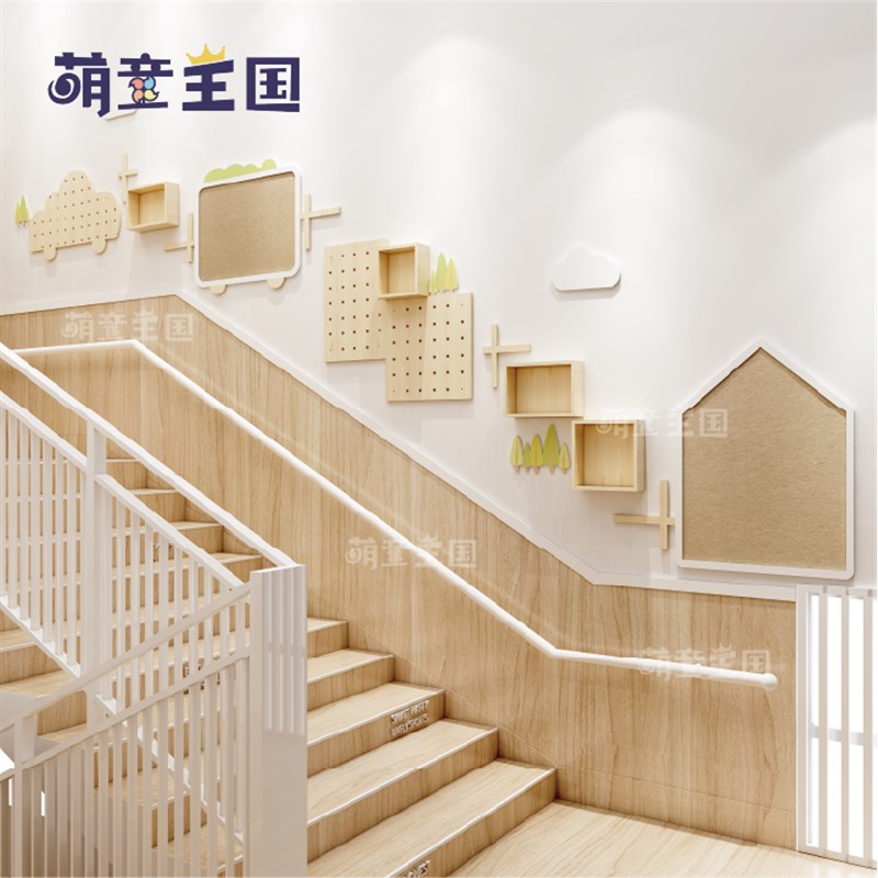 幼儿园环创楼梯间走廊过道实木与pvc碰撞-2文化墙简约风自然主题