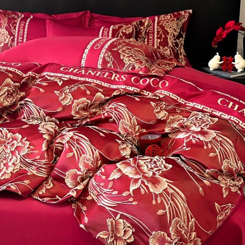 高档中式结婚四件套大红色新婚床单被套纯棉婚庆床上用品婚房陪嫁