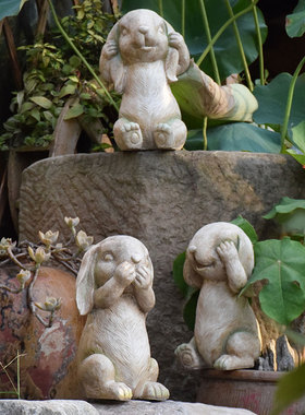 不听不看不说兔子杂货花园庭院装饰桌面摆件复古做旧乡村园艺景观