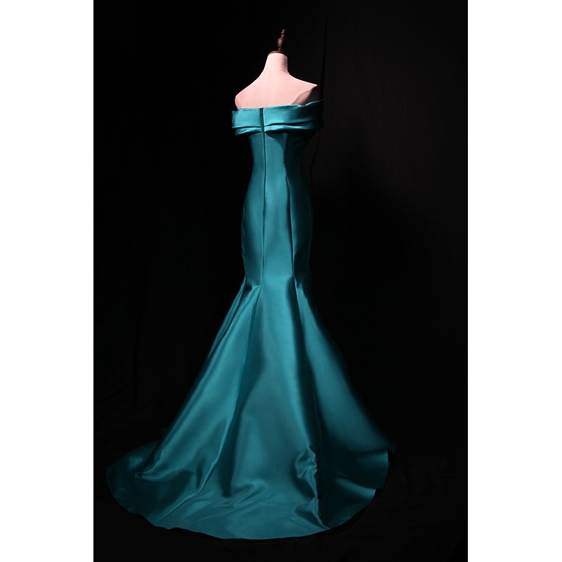简约质感一字肩鱼尾缎面孔雀蓝晚礼服年会主持活动表演晚宴长款裙