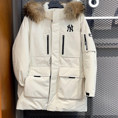 【韩国代购】MLB羽绒服NY中长款男女情侣款工装连帽派克鹅绒外套