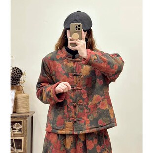 女 套装 冬季 新民族盘扣棉麻印花立领小棉衣女松紧高腰宽松休闲棉裤