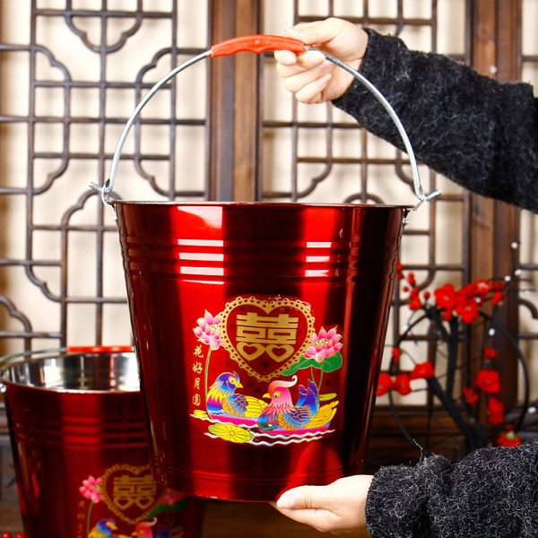 结婚子孙桶新娘陪嫁用品红色水桶不锈钢喜桶一对婚庆红桶结婚桶子