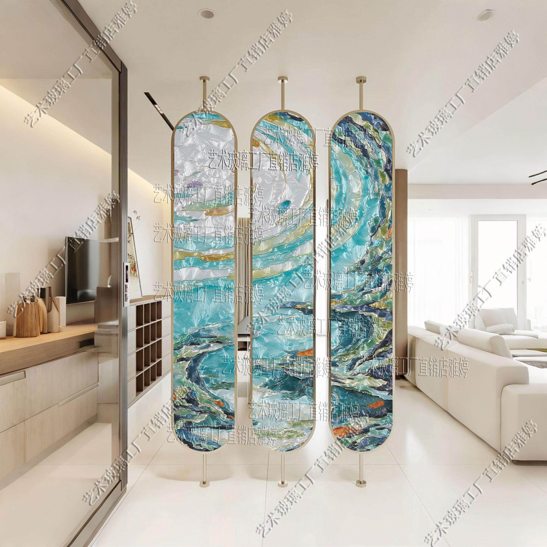 手绘珐琅彩艺术玻璃入户正对门玄关屏风顶天立地客厅卧室遮挡隔断