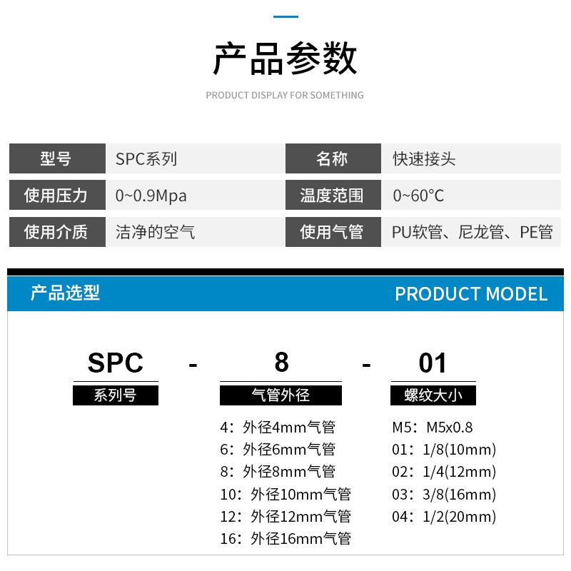 JNC杰恩西螺纹直通快速接头气管SPC4 SPC6 SPC8-M5-01-02-03-04