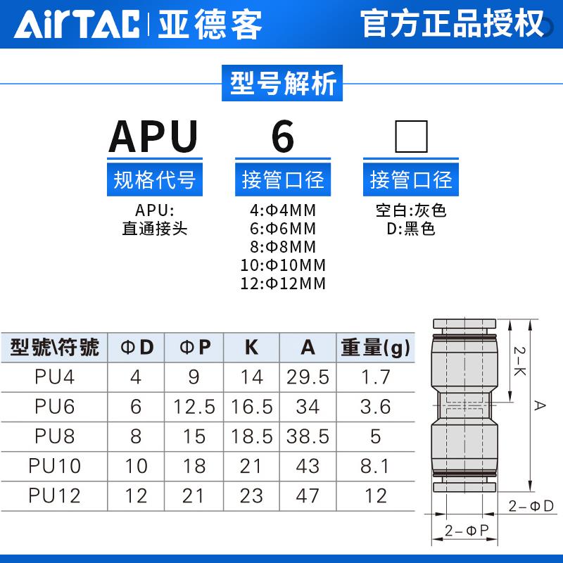 原装亚德客气管接头直通快插快速接头直接 APU-4/6/8/10/12/14/16