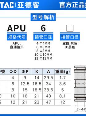 原装亚德客气管接头直通快插快速接头直接 APU-4/6/8/10/12/14/16