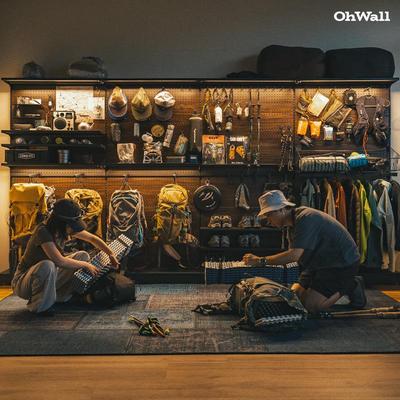 ohwall洞洞板户外徒步装备置物架露营金属货架胡桃木色展示收纳墙