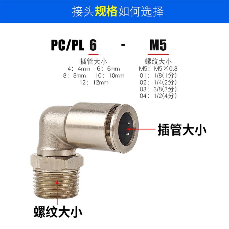 全铜镀镍气动气管快速插接头PC8-02金属直通直角弯头耐高温高压PL