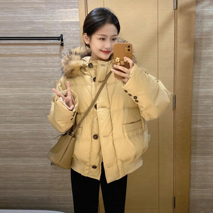 韩国高级感大毛领连帽羽绒棉袄女2024年冬装新款小个子加厚面包服