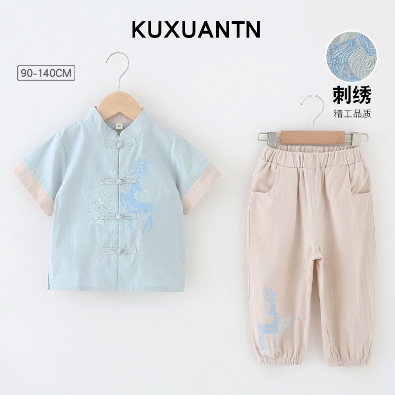 复古汉服男童夏季短袖套装薄款周岁服男宝宝唐装儿童棉麻中国古装图片