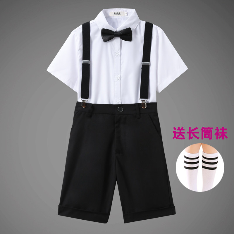 纯白短袖短裤领结演出服服装男童礼服小学生背带幼儿园白衬衫黑裤图片