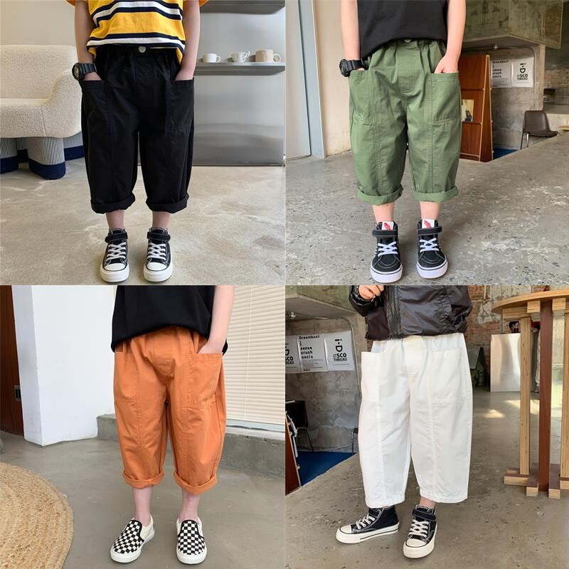 儿童裤子夏装七分裤2021新款男童水洗棉宽松哈伦裤男孩休闲马裤薄