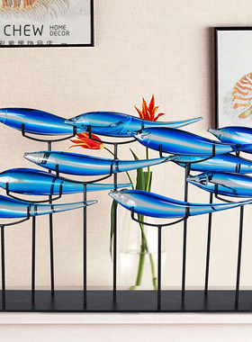 轻奢现代手工琉璃鱼摆件高档大气风水招财鱼客厅办公室开业装饰品