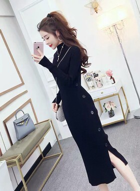 女秋冬季针织毛衣打底内搭中长版过膝加厚黑色配大衣的裙子洋装